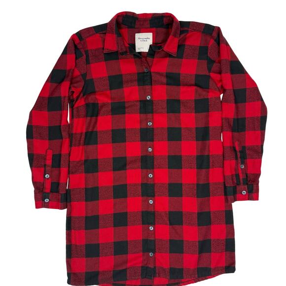 Abercrombie & Fitch Red Black Plaid Extra Long Flannel Shirt Women’s Small - Picture 2 of 7